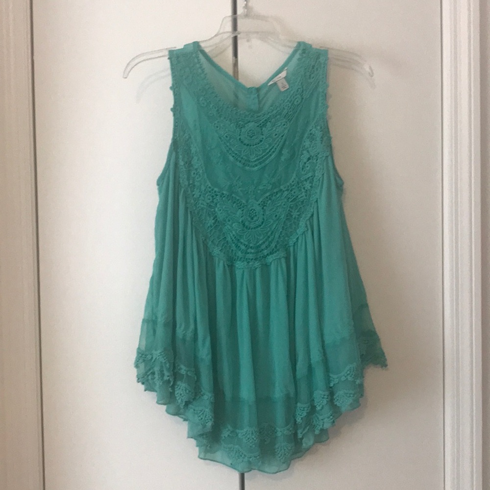 Turquoise baby doll top with crochet detailing